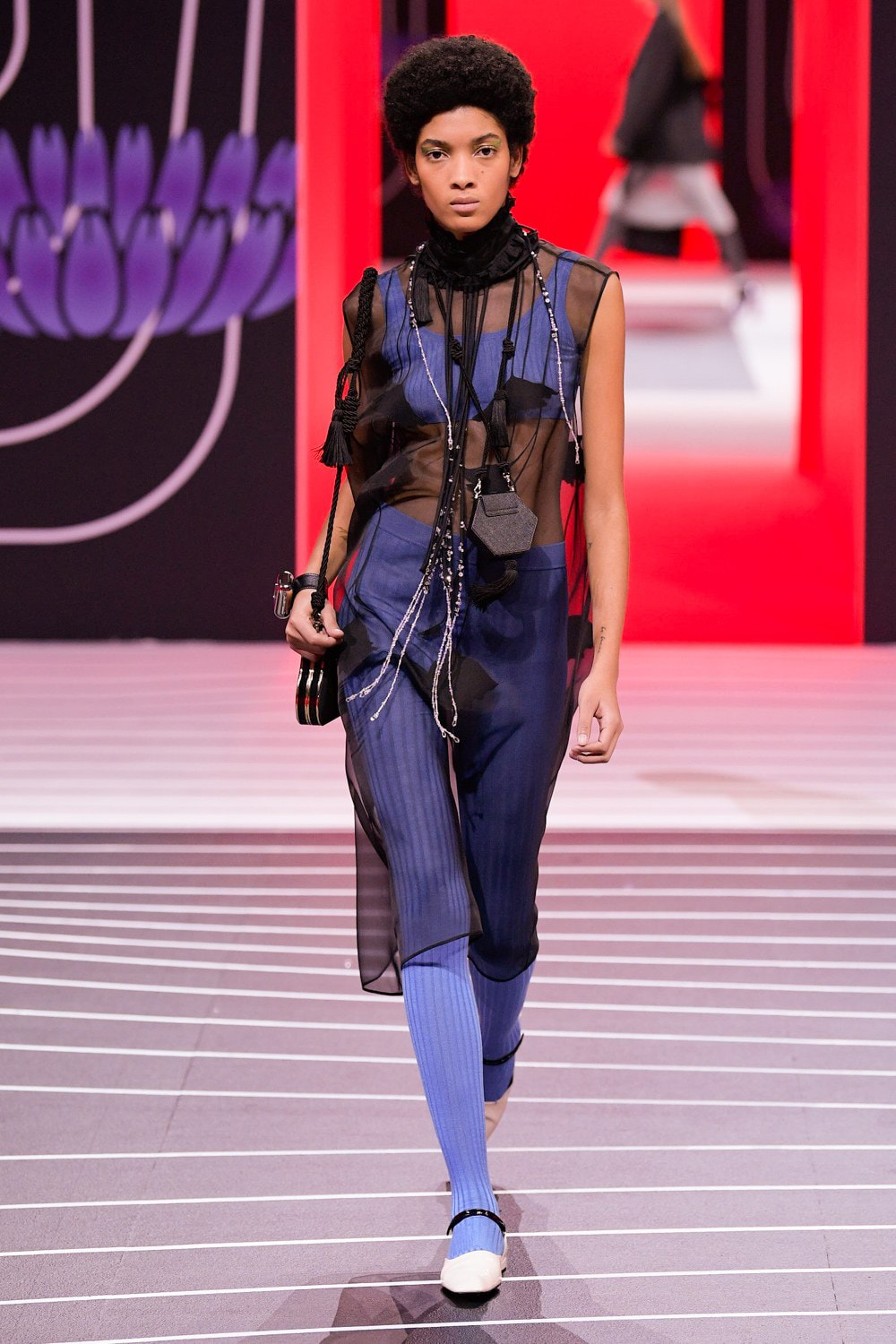 Prada Fall/Winter 2020 Collection Runway Show Sheer Dress Black Leggings Blue