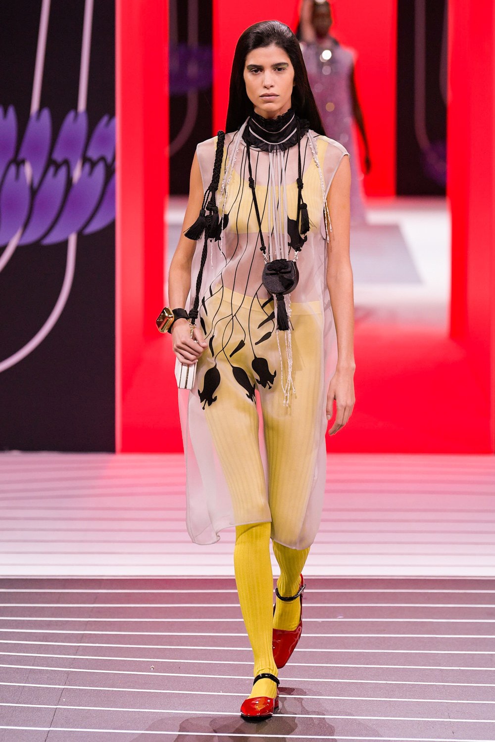Prada Fall/Winter 2020 Collection Runway Show Sheer Dress Leggings Yellow
