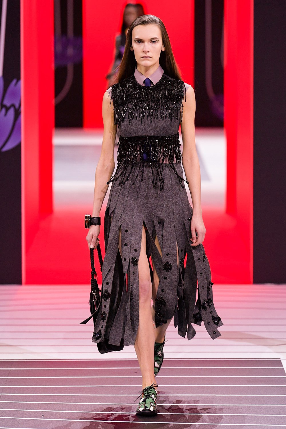 Prada Fall/Winter 2020 Collection Runway Show Fringe Vest Skirt Beaded