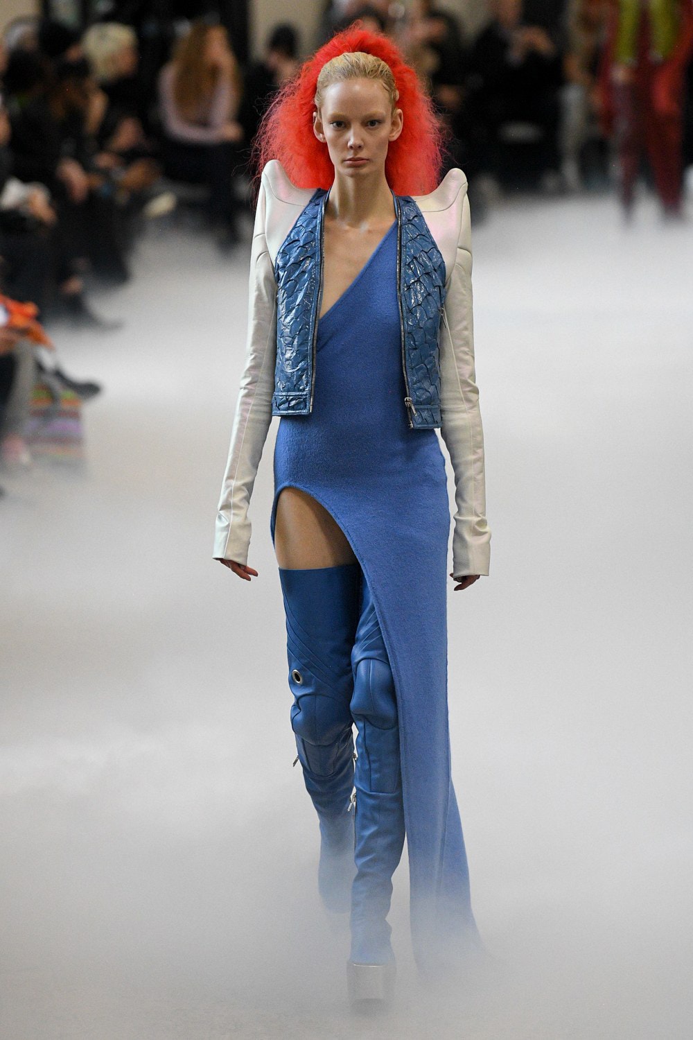 Rick Owens Fall/Winter 2020 Collection Runway Show Leather Jacket Blue Knit Sleeves White