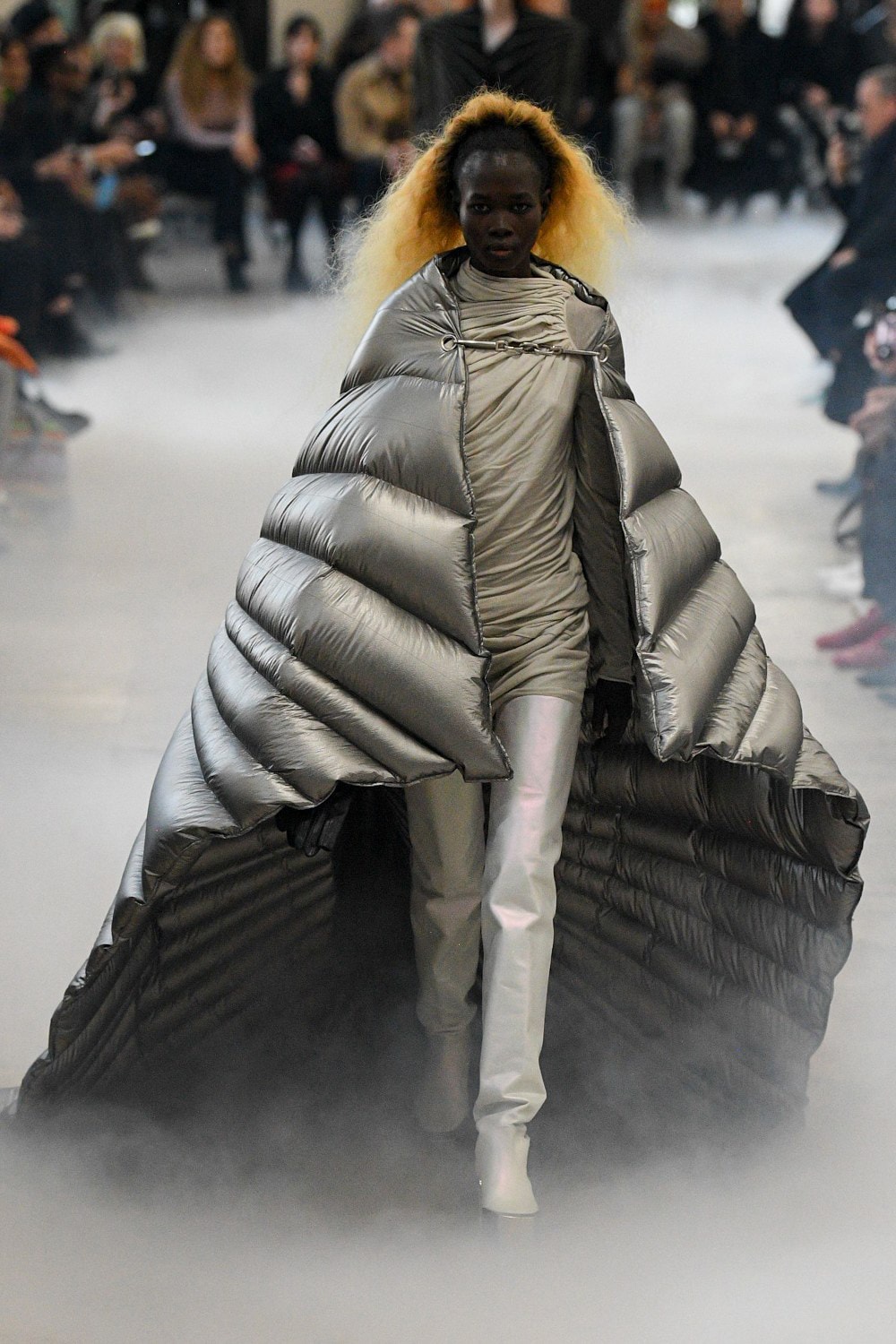 Rick Owens Fall/Winter 2020 Collection Runway Show Puffer Cape Silver