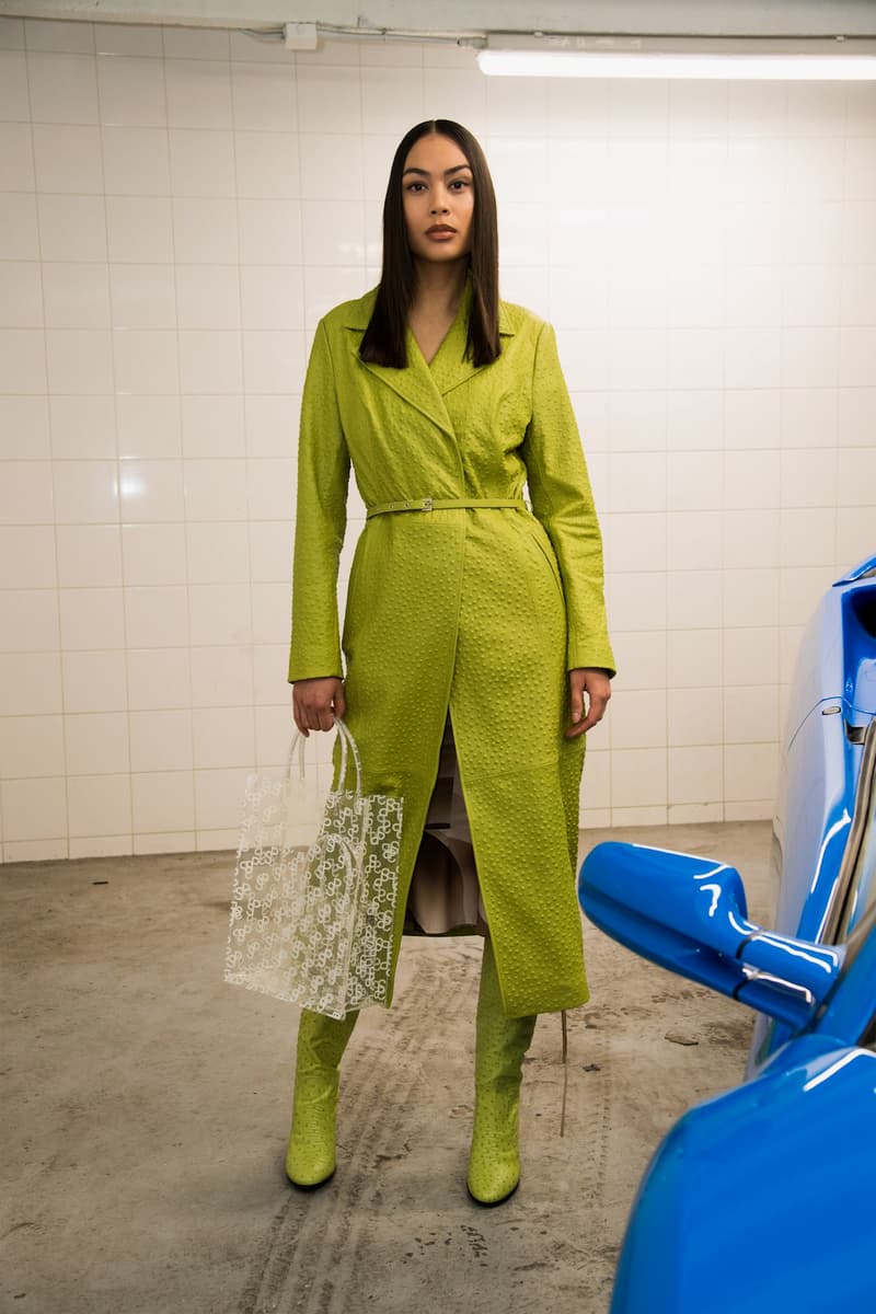 saks potts paris fashion week fall winter collection cathrine barbara lime green trench coat transparent bag white crop jacket mesh dress shades sunglasses