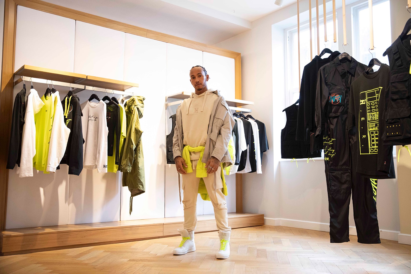 tommy hilfiger her lewis hamilton collaboration spring summer hoodies shirts joggers sweatpants sneakers neon green black