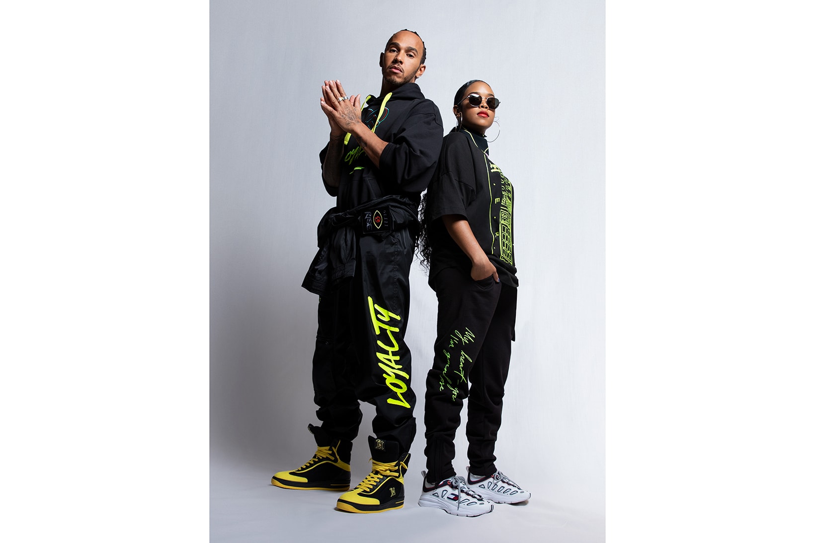 tommy hilfiger her lewis hamilton collaboration spring summer hoodies shirts joggers sweatpants sneakers neon green black