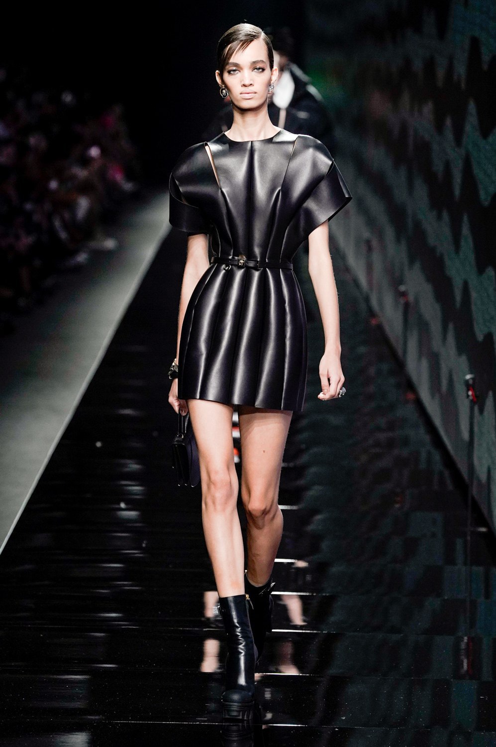 Versace Fall/Winter 2020 Collection Runway Show Leather Dress Black