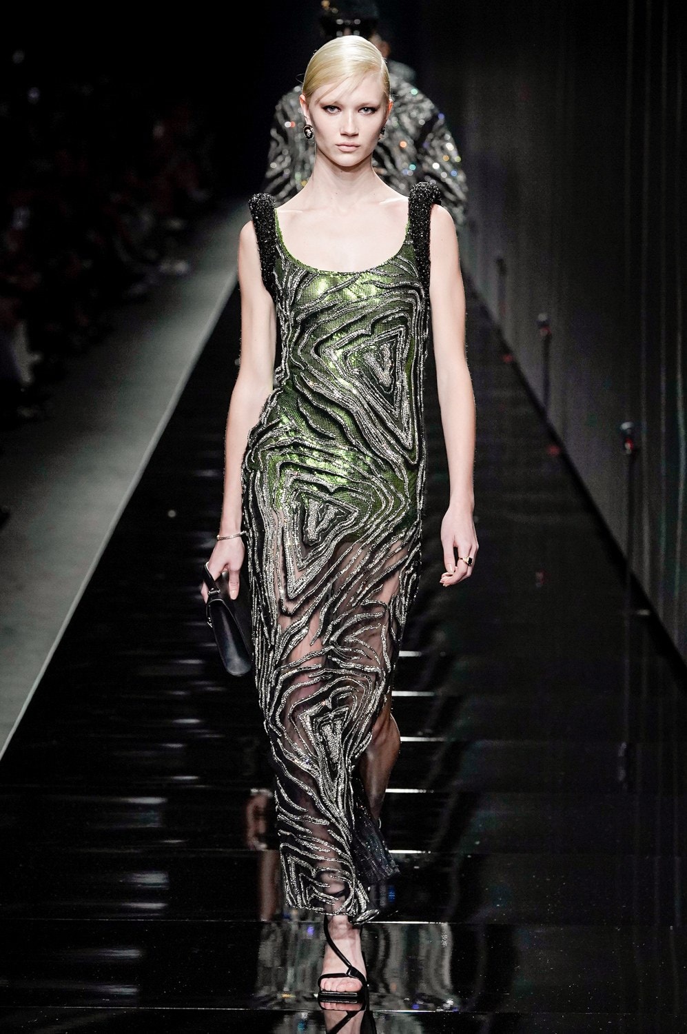 Versace Fall/Winter 2020 Collection Runway Show Sequin Gown Silver Green