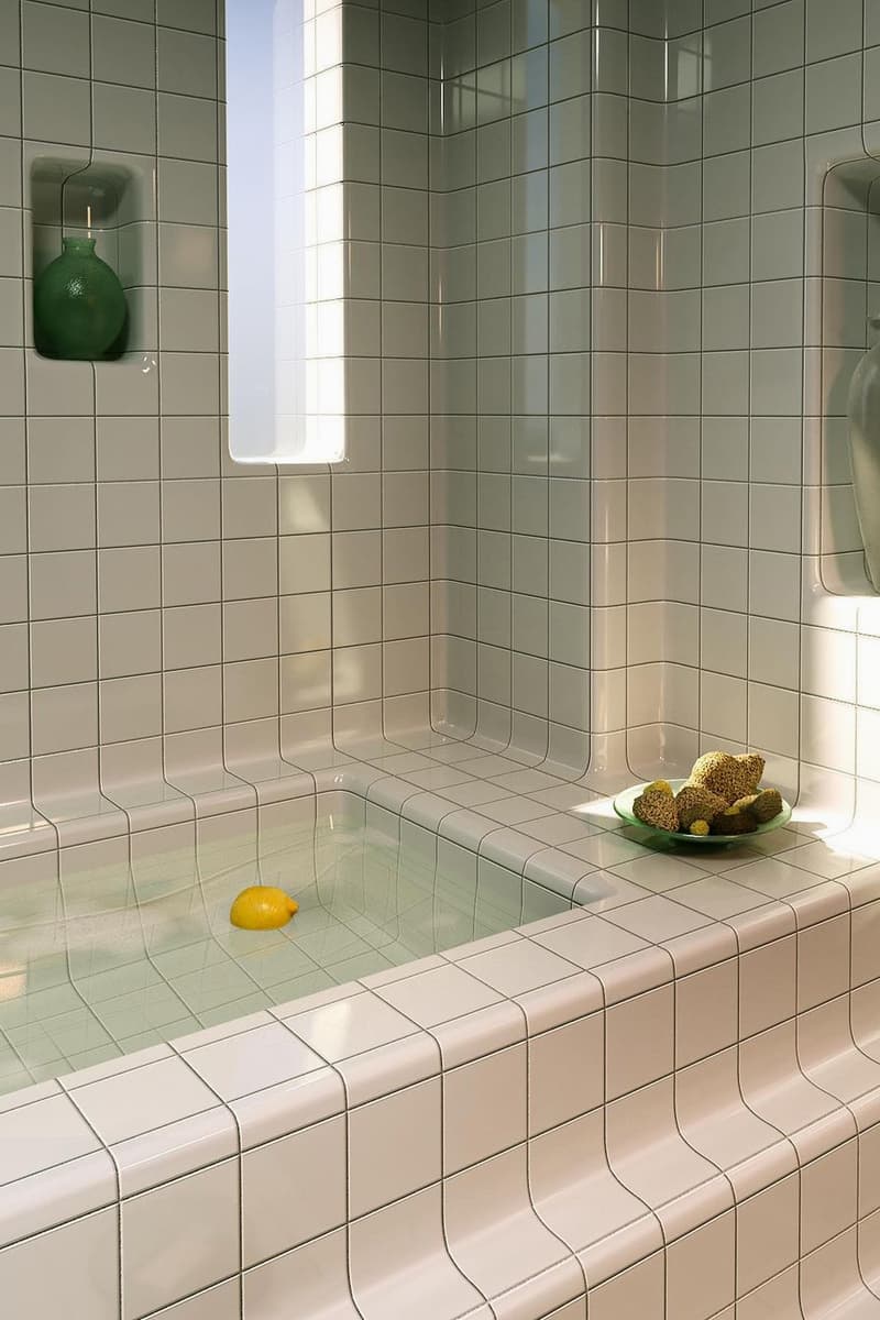 Bathroom Design Idea Modern Home Minimalist White Tiles Bathtub Stairs Steps charlottetaylr formundrausch dtile vases