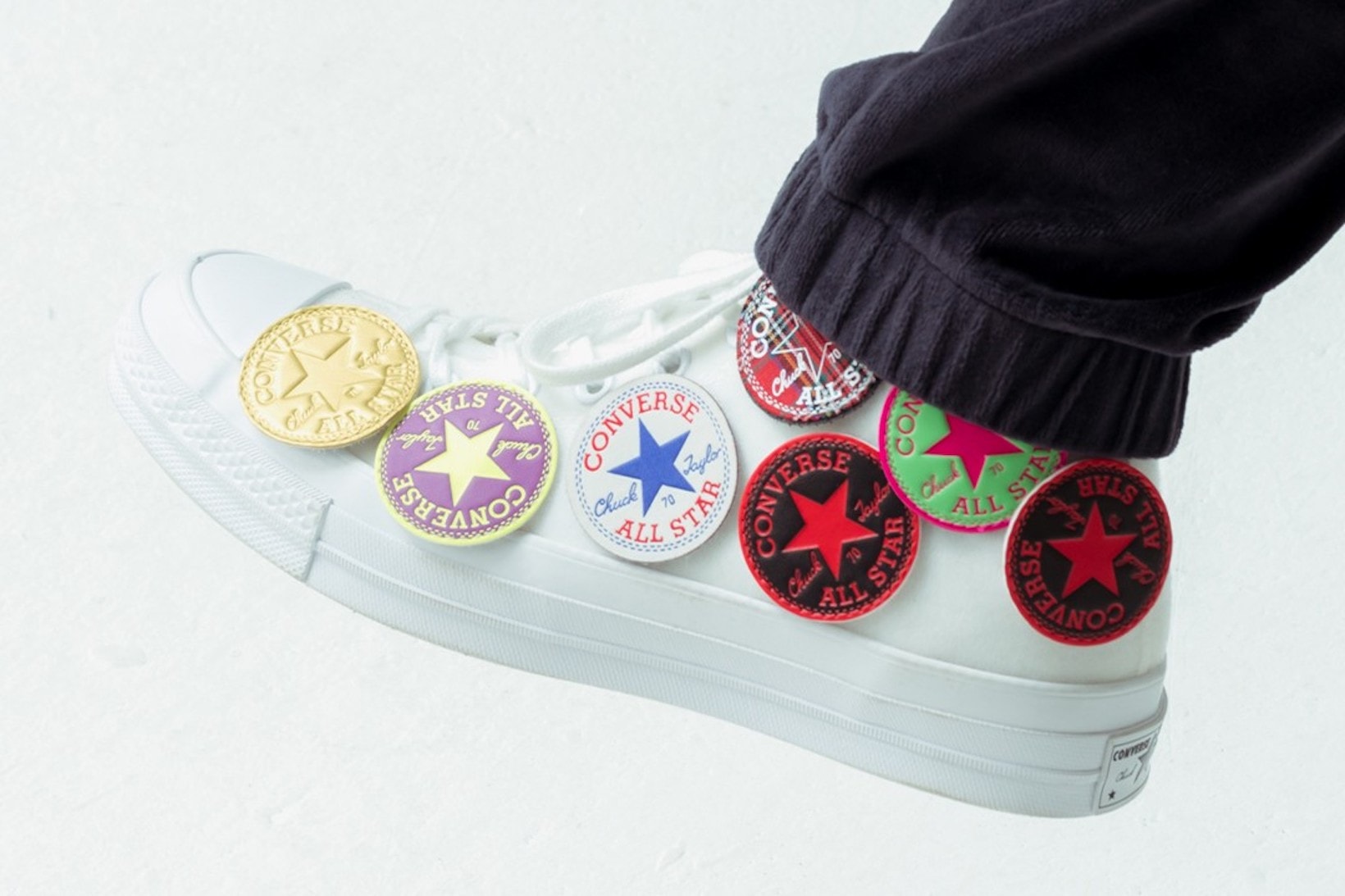converse size collaboration custom chuck taylors sneakers white black multipatch shoes footwear sneakerhead yellow purple red green blue