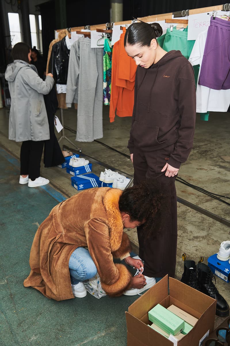 Daniëlle Cathari Designer buy swarovski oversized sunglasses Spring Summer 2020 SS20 Presentation Model hoodie brown backstage