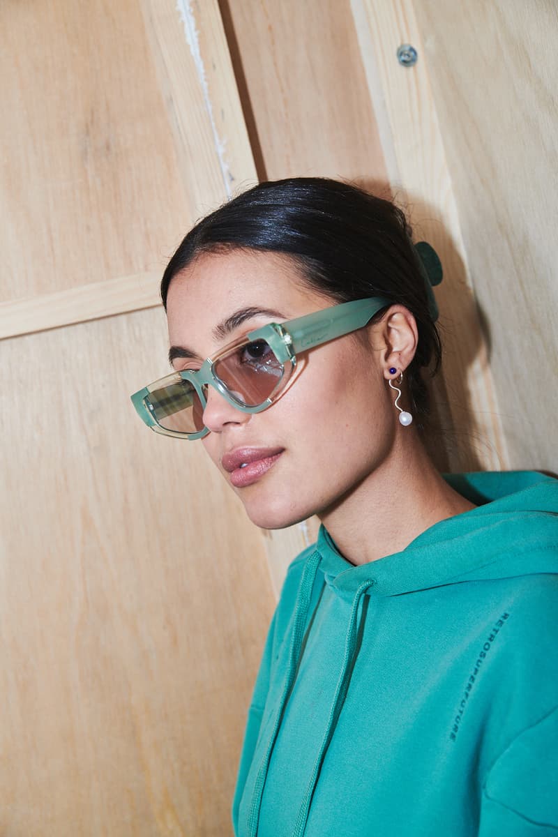 Daniëlle Cathari Designer buy swarovski oversized sunglasses Spring Summer 2020 SS20 Presentation Model retrosuperfuture sunglasses eyewear collaboration turquoise green