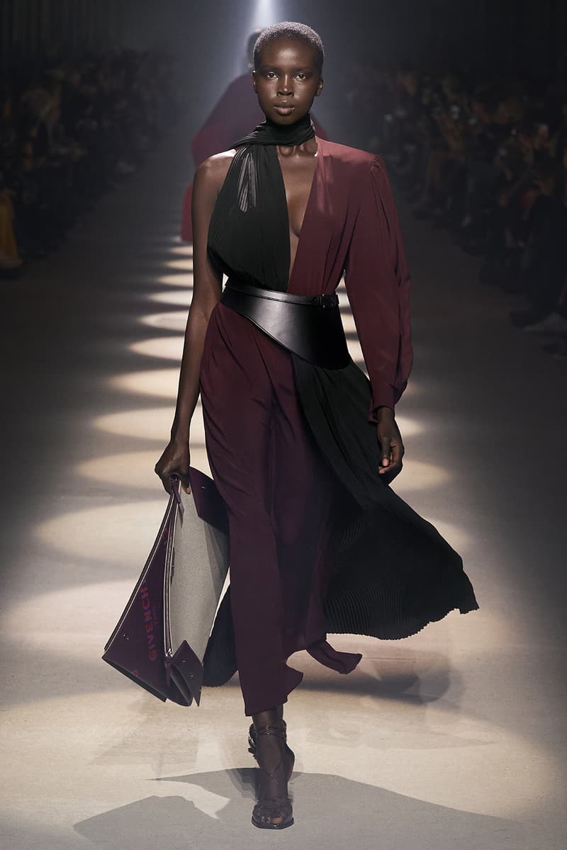 givenchy paris fashion week fall winter womens collection clare waight keller runway show kaia gerber adut akech red black white gown pants shirred blouse