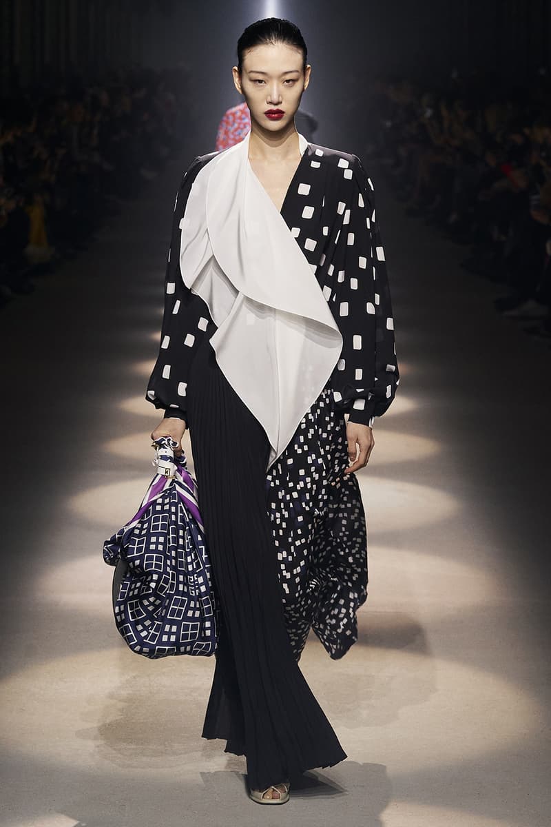 givenchy paris fashion week fall winter womens collection clare waight keller runway show kaia gerber adut akech red black white gown pants shirred blouse