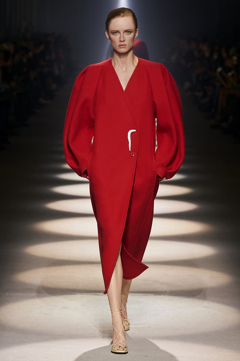 givenchy paris fashion week fall winter womens collection clare waight keller runway show kaia gerber adut akech red black white gown pants shirred blouse