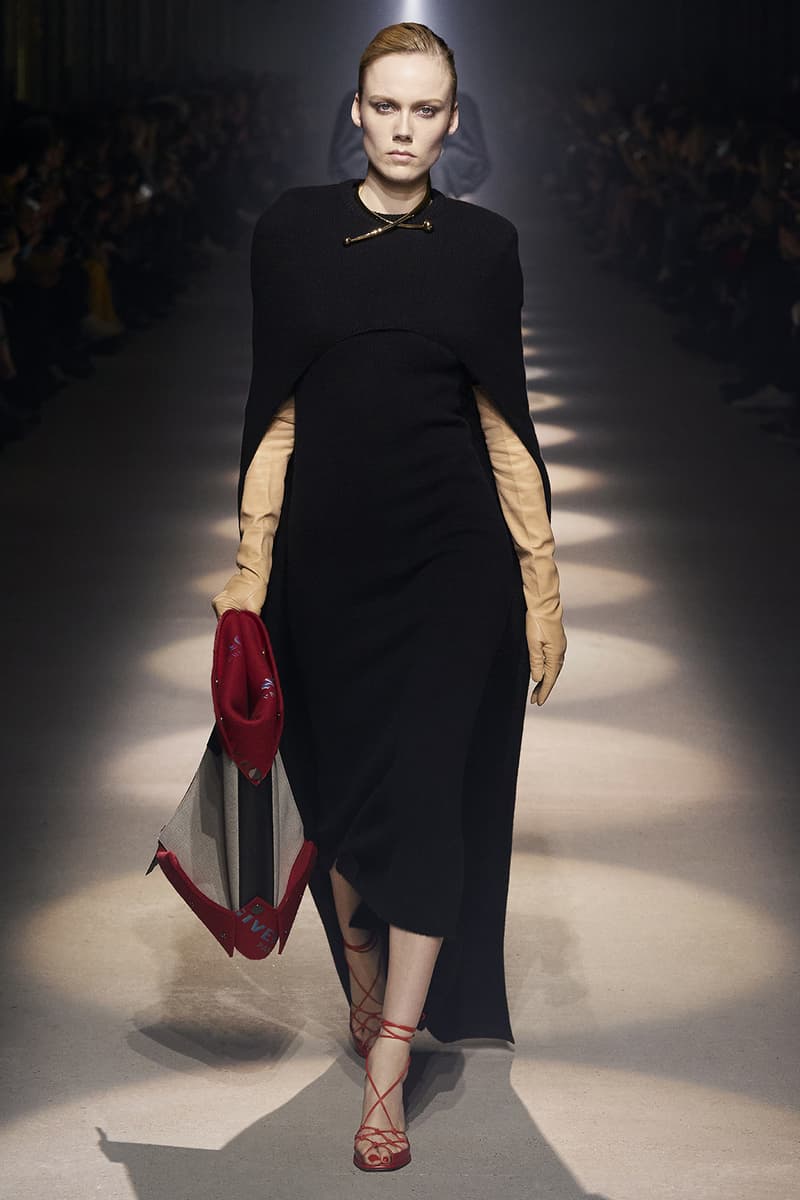 givenchy paris fashion week fall winter womens collection clare waight keller runway show kaia gerber adut akech red black white gown pants shirred blouse