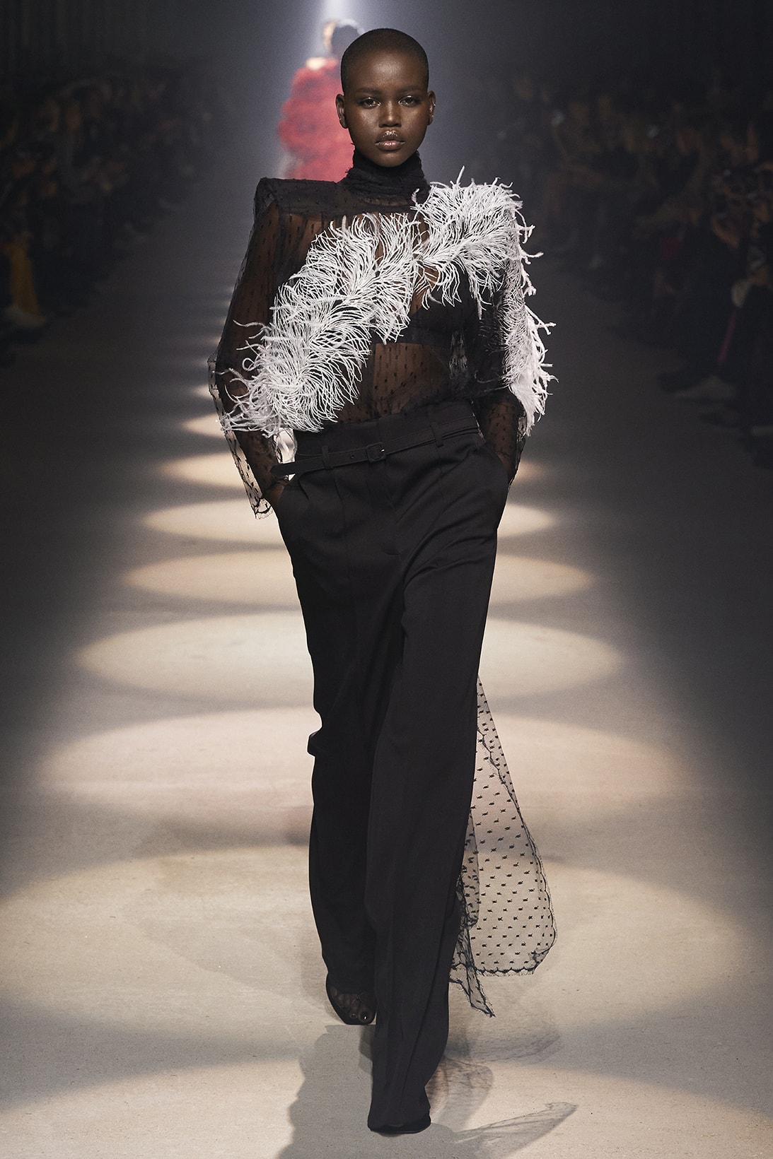givenchy paris fashion week fall winter womens collection clare waight keller runway show kaia gerber adut akech red black white gown pants shirred blouse