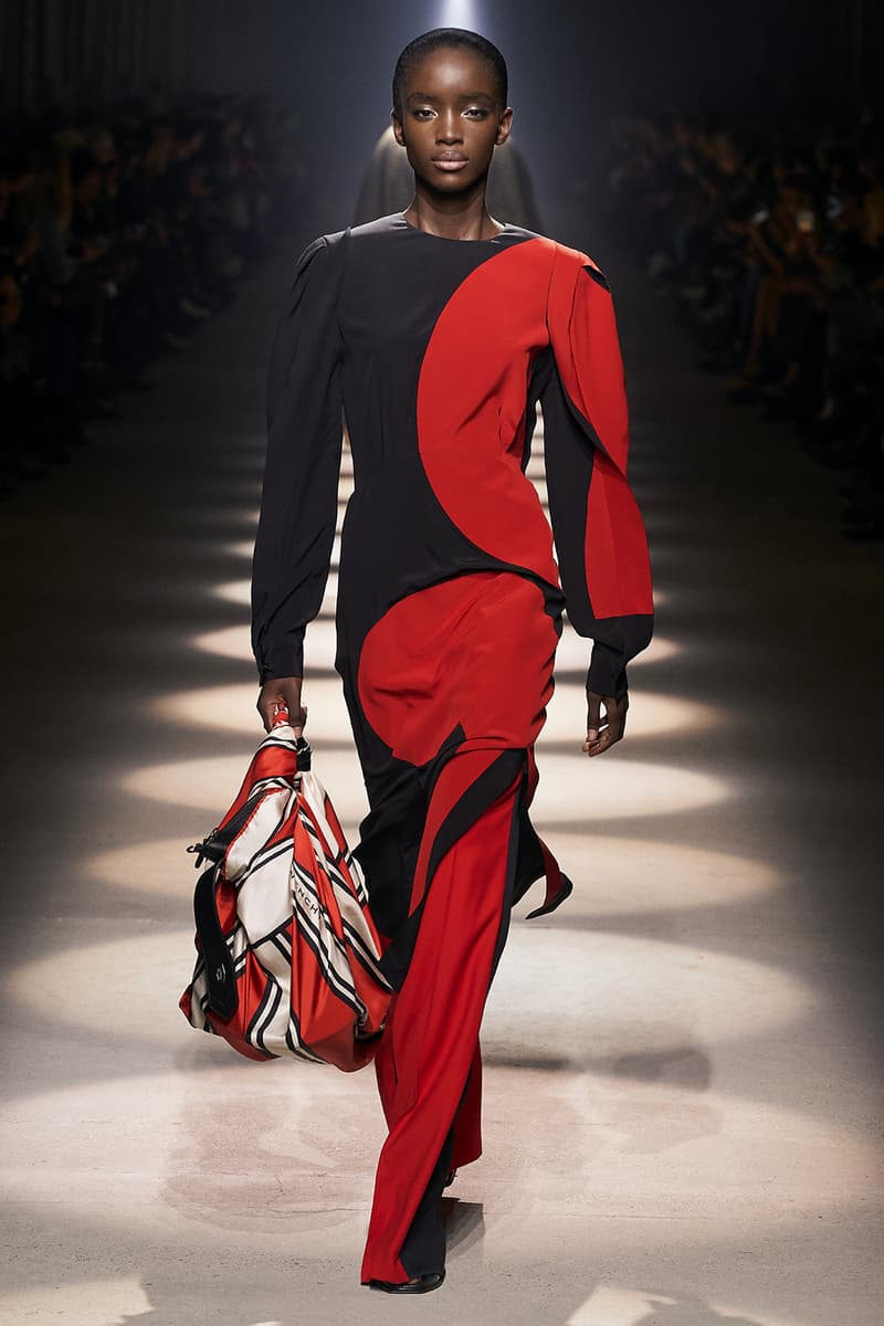 givenchy paris fashion week fall winter womens collection clare waight keller runway show kaia gerber adut akech red black white gown pants shirred blouse