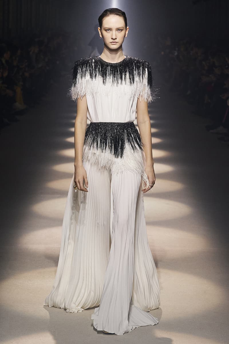 givenchy paris fashion week fall winter womens collection clare waight keller runway show kaia gerber adut akech red black white gown pants shirred blouse