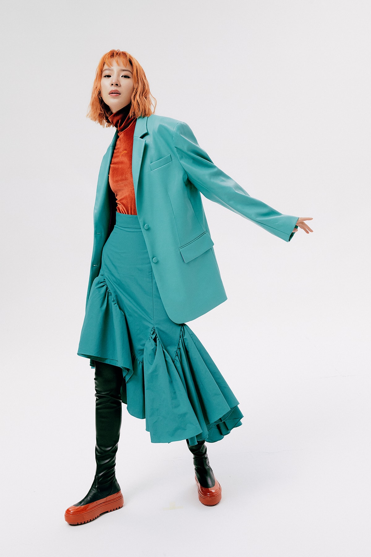 IRENEISGOOD Label Fall/Winter 2020 Collection Lookbook Jacket Ruffle Skirt Teal