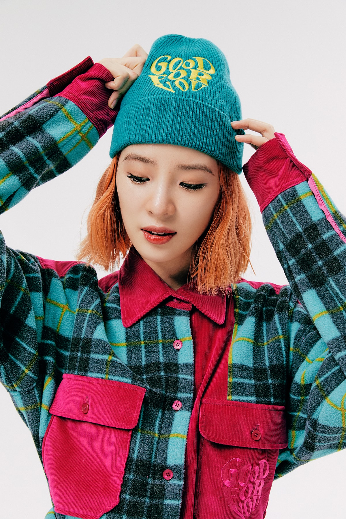 IRENEISGOOD Label Fall/Winter 2020 Collection Lookbook Jacket Plaid Teal Pink