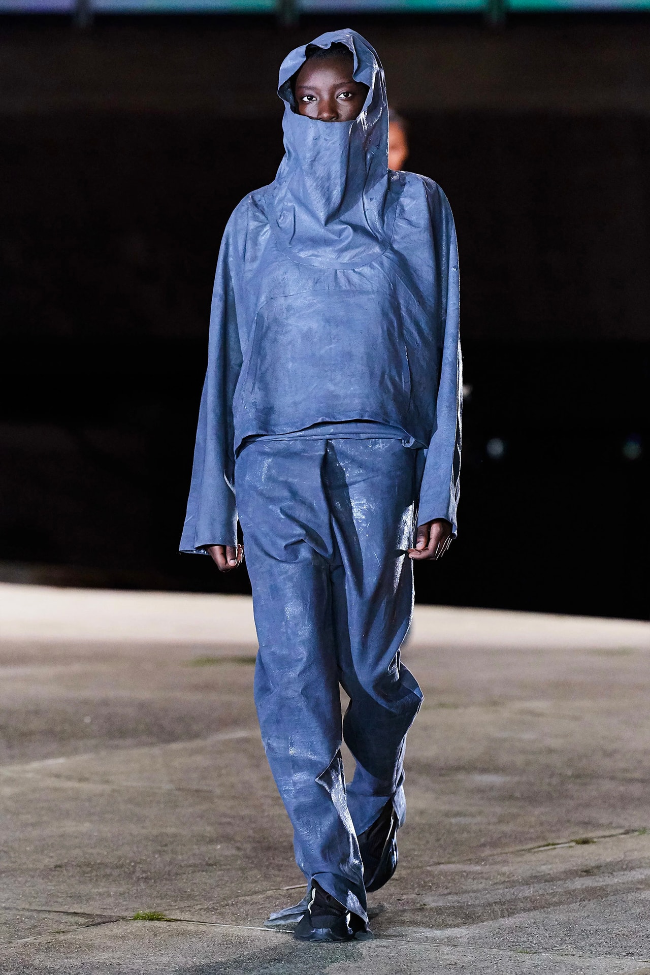 Kanye West YEEZY Season 8 Show Paris Fashion Week Runway Model hoodie blue pants