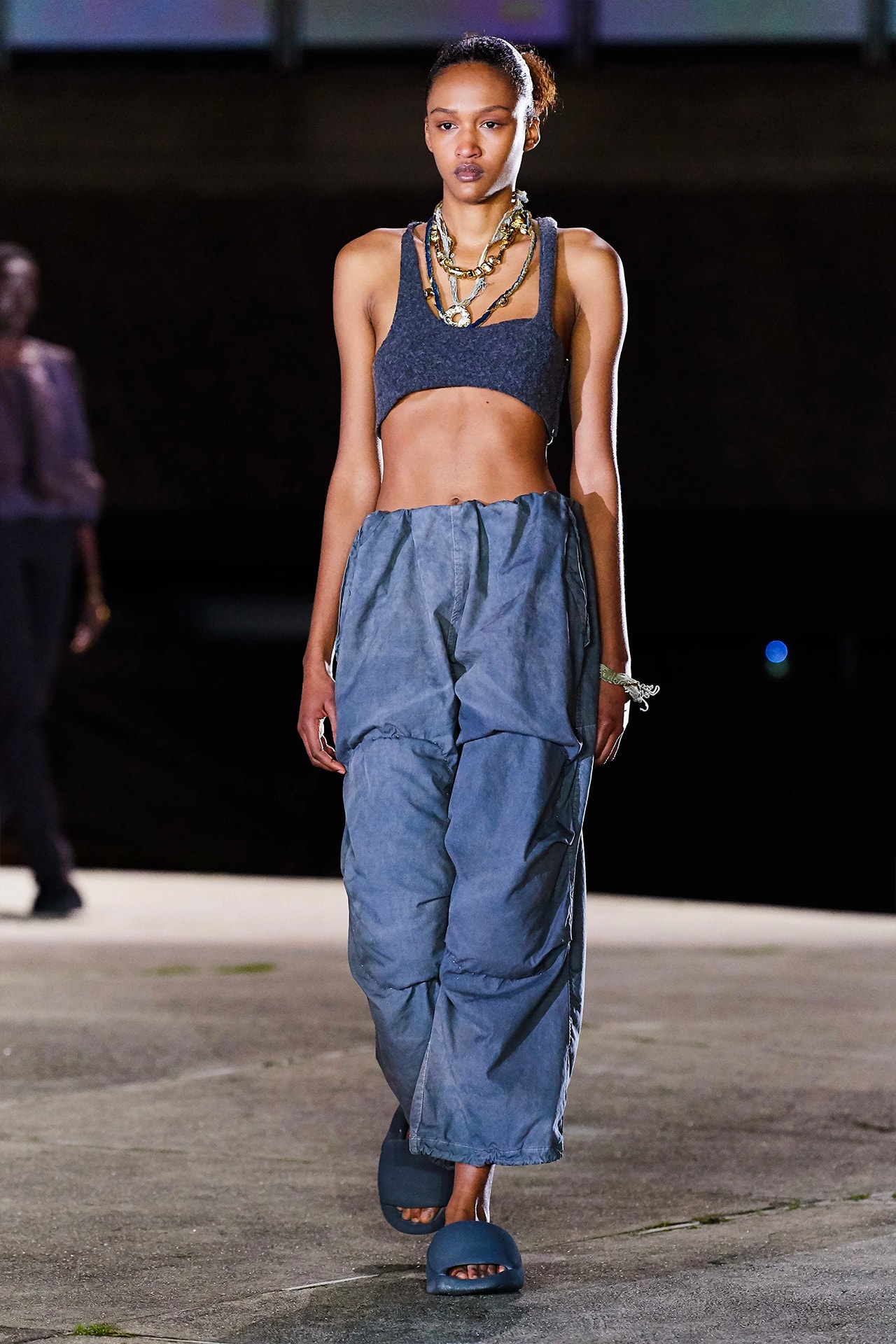 Kanye West YEEZY Season 8 Show Paris Fashion Week Runway Model blue bralette pants slides sandals