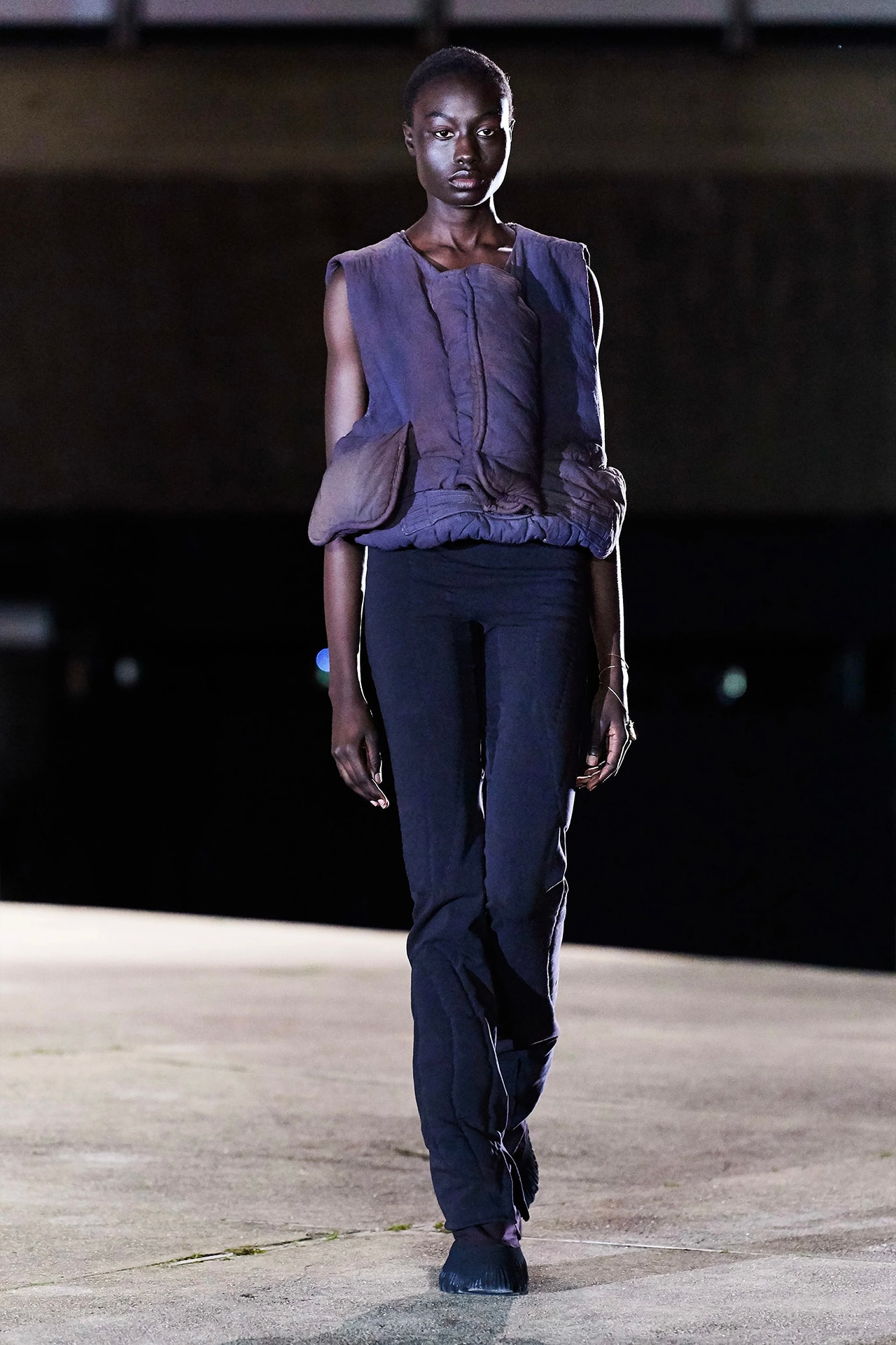 Kanye West YEEZY Season 8 Show Paris Fashion Week Runway Model blue vest jacket pants