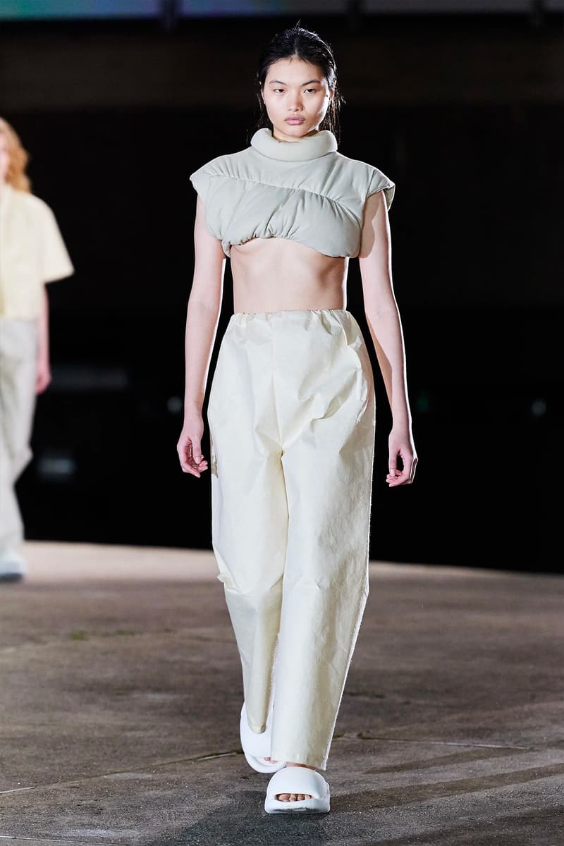 Kanye West YEEZY Season 8 Show Paris Fashion Week Runway Model crop top pants slides sandals