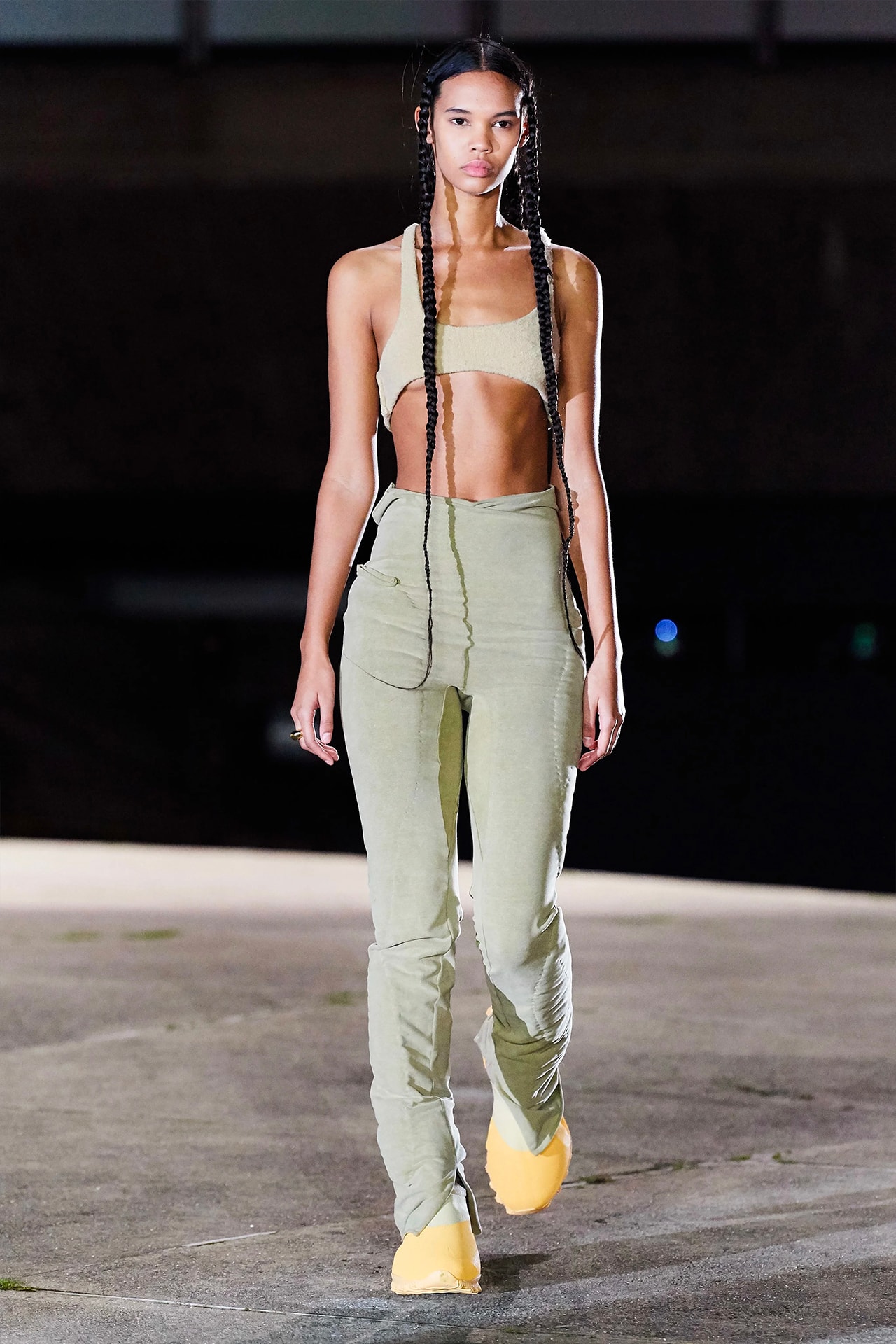 Kanye West YEEZY Season 8 Show Paris Fashion Week Runway Model Bralette Pants chunky boots shoes