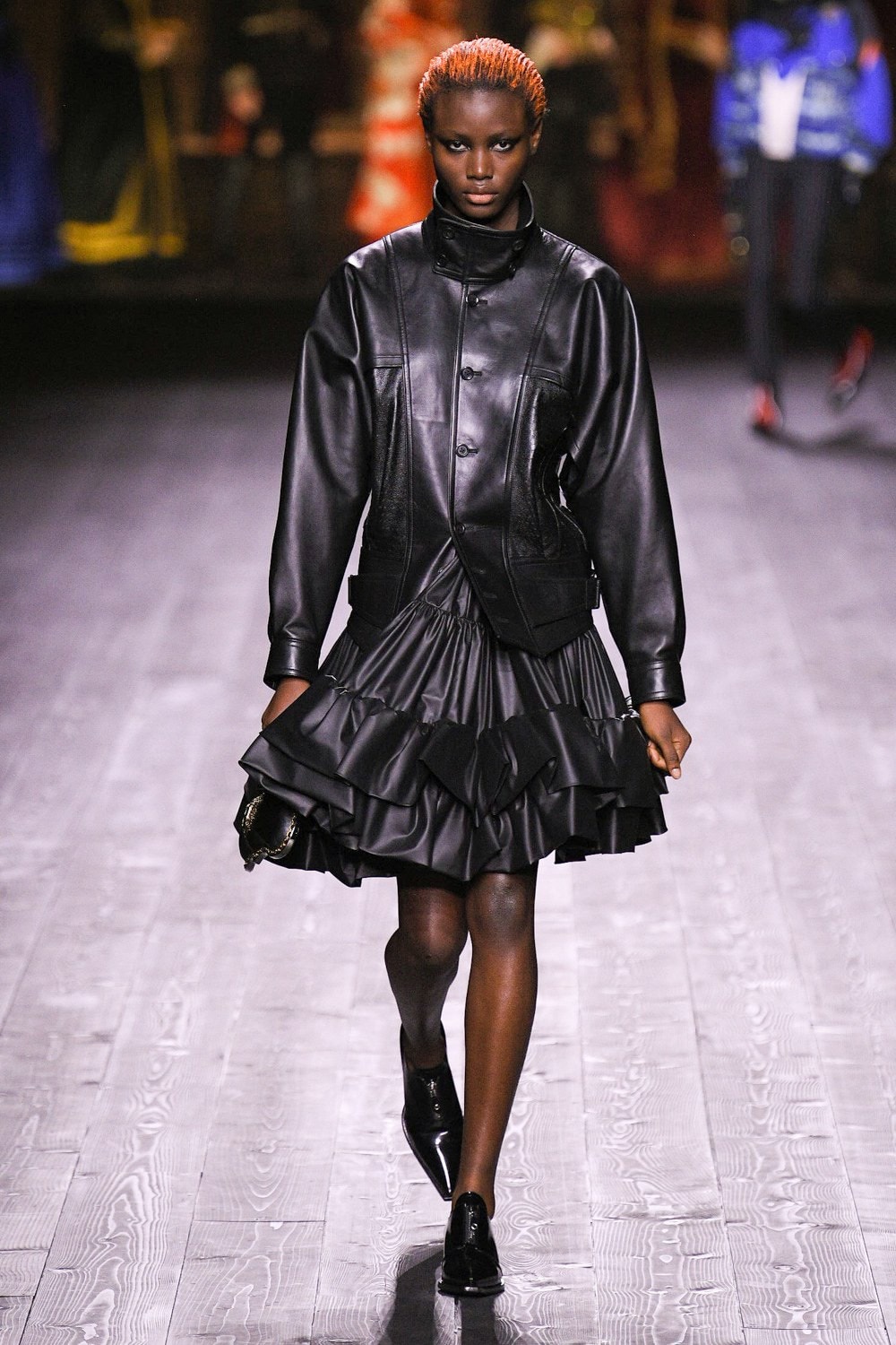 Louis Vuitton Fall/Winter Collection Runway Show Leather Jacket Ruffle Skirt Black
