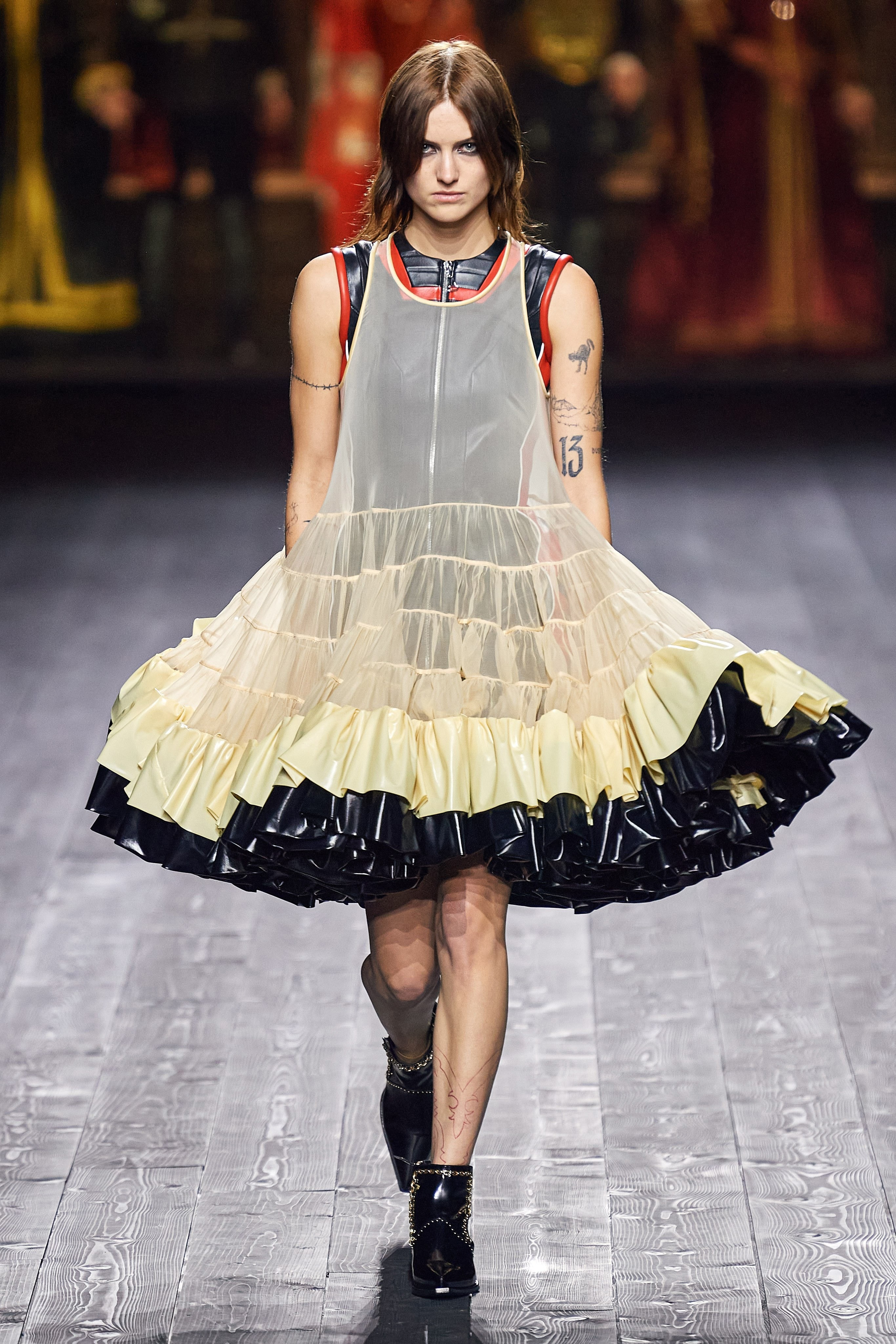 Louis Vuitton Fall/Winter Collection Runway Show Ruffle Dress Sheer Beige