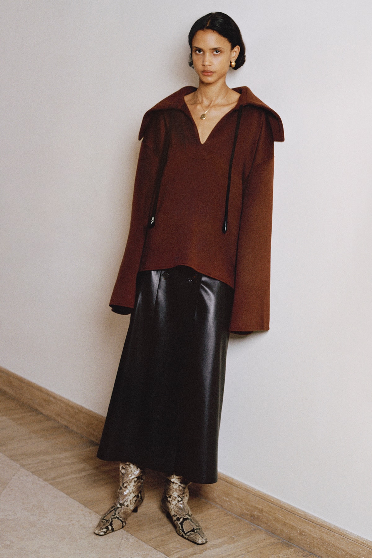 Nanushka Fall/Winter Collection Lookbook Knit Pullover Leather SKirt