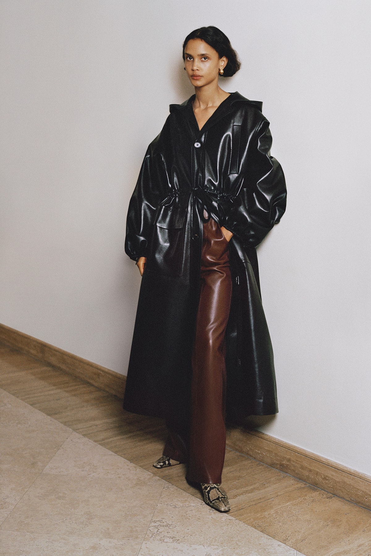 Nanushka Fall/Winter Collection Lookbook Leather Trench Coat Black