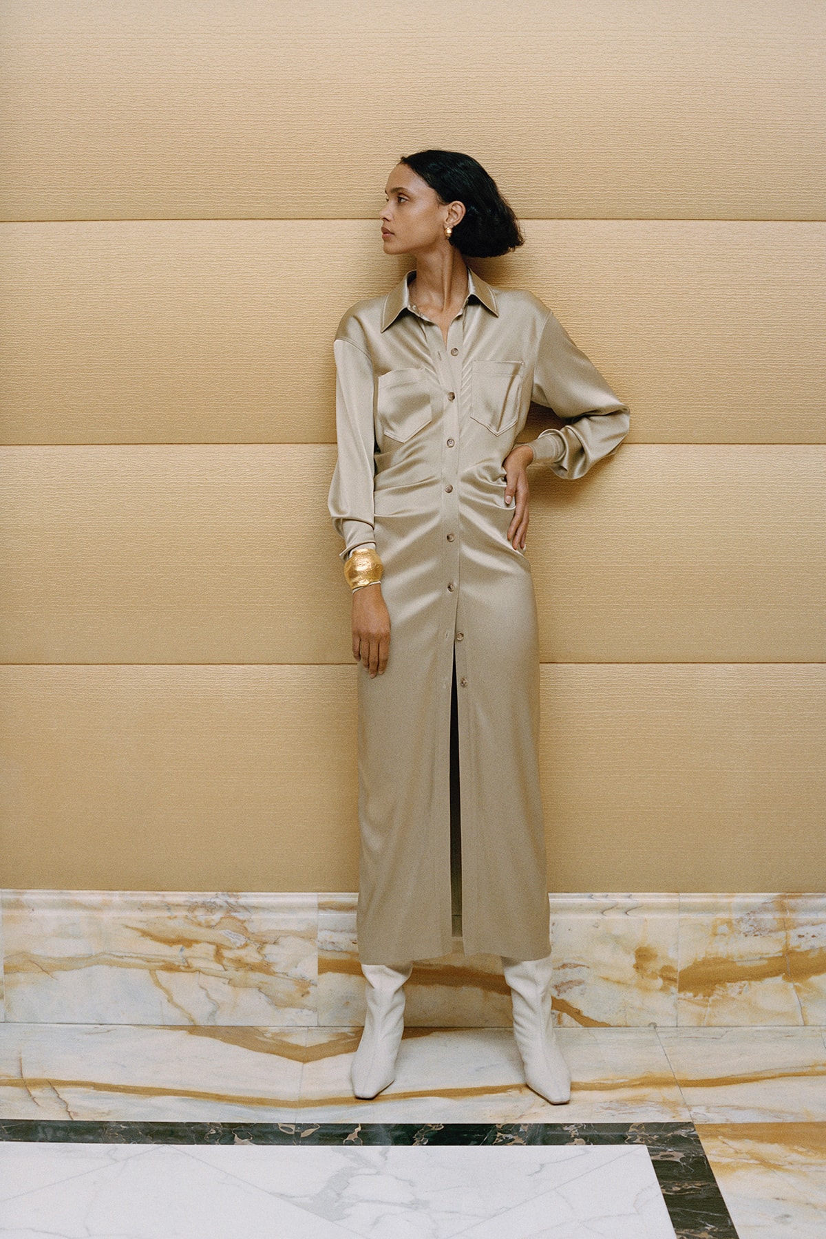 Nanushka Fall/Winter Collection Lookbook Silk Shirt Dress Maxi Beige