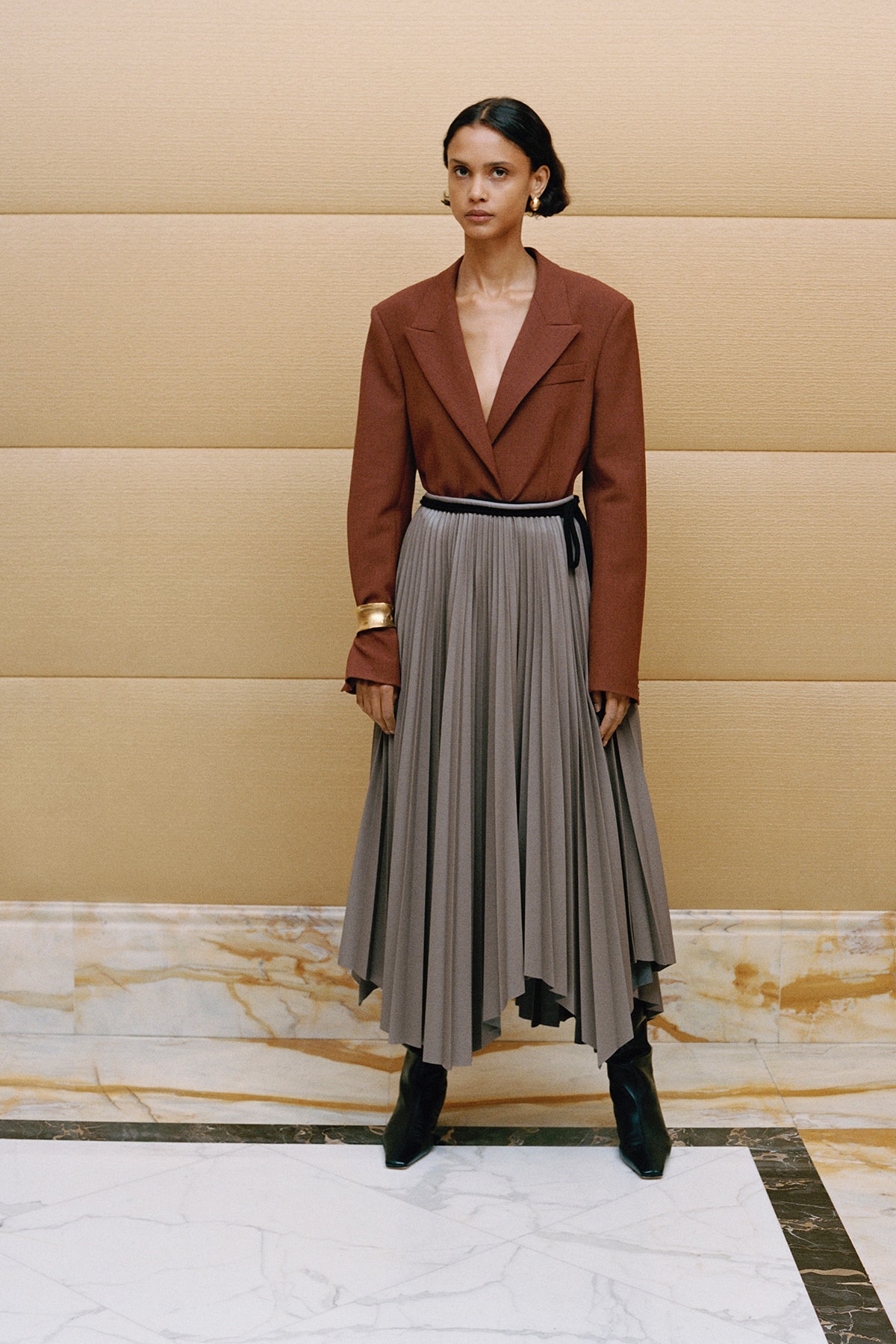 Nanushka Fall/Winter Collection Lookbook Blazer Brown Skirt Grey