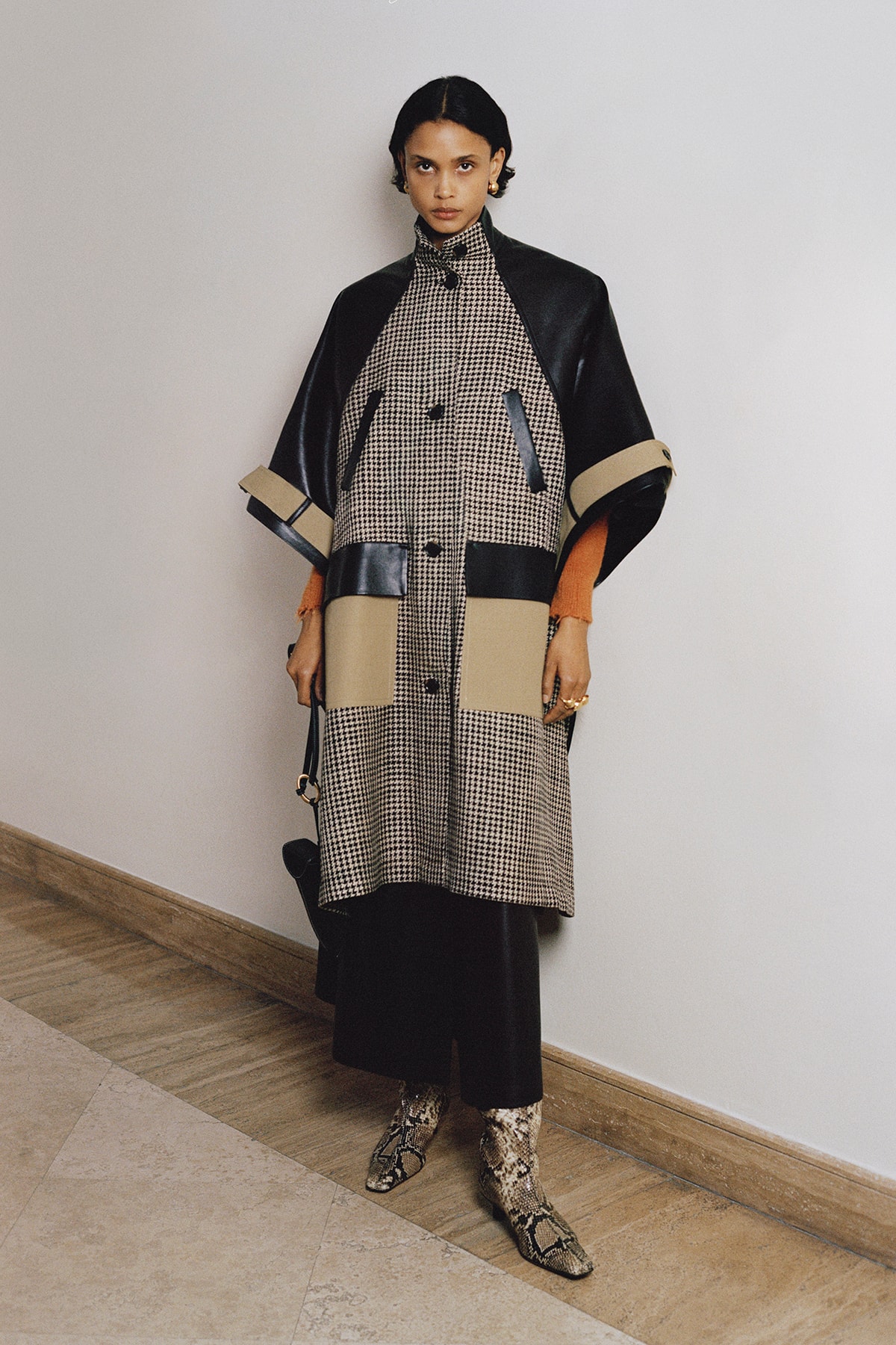 Nanushka Fall/Winter Collection Lookbook Houndstooth Coat Black Beige