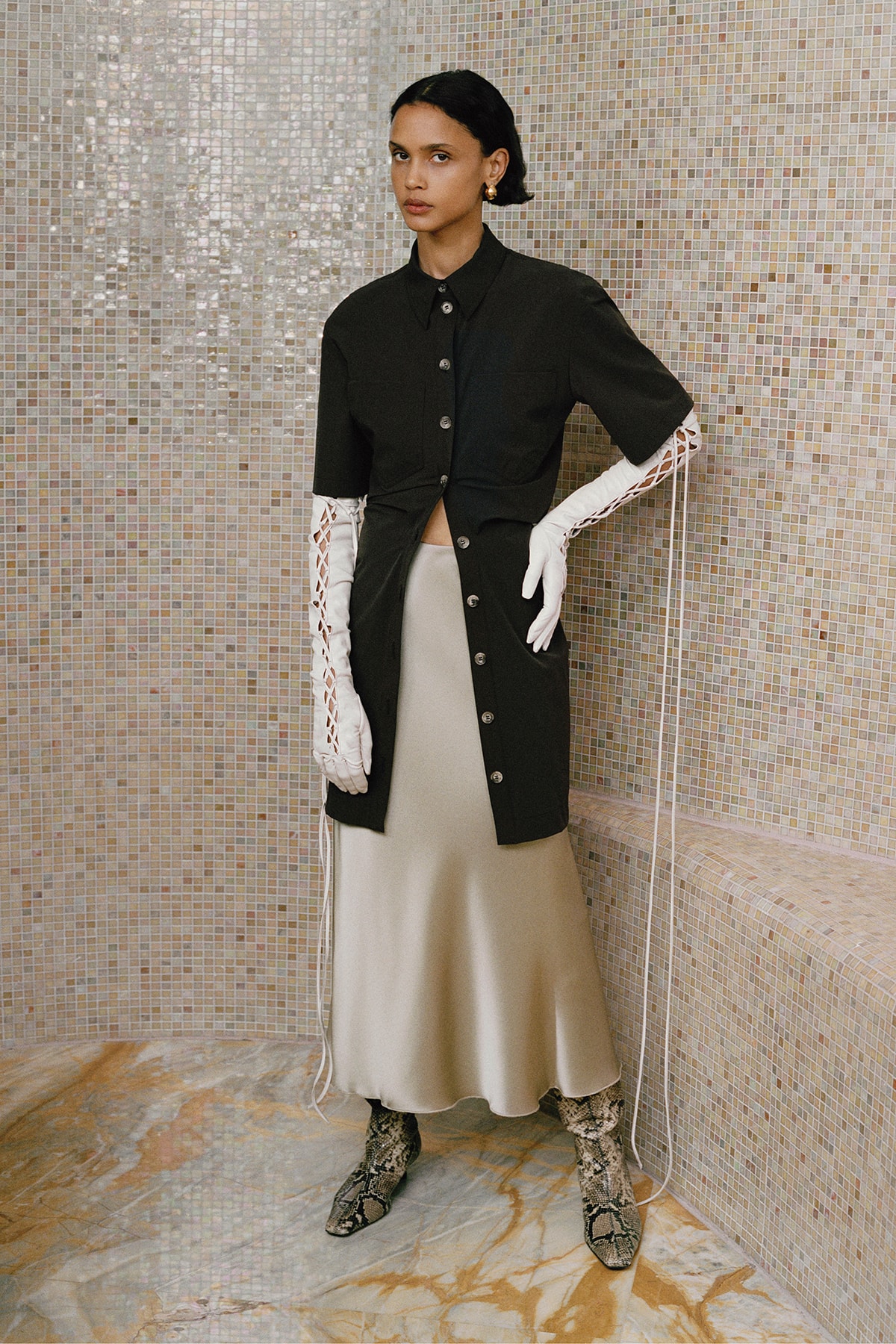 Nanushka Fall/Winter Collection Lookbook Long Cardigan Black Silk Skirt Cream