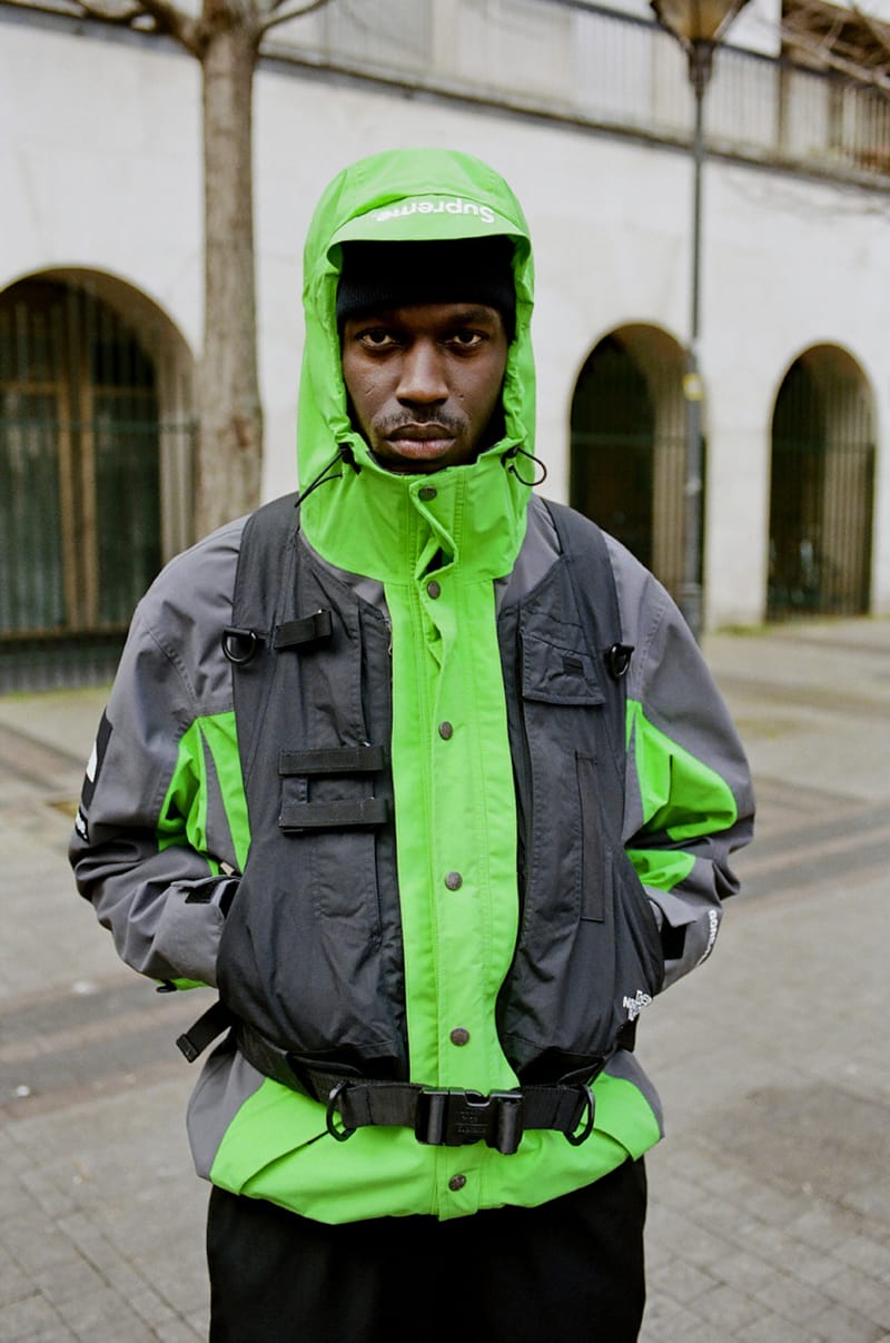 neon green north face jacket