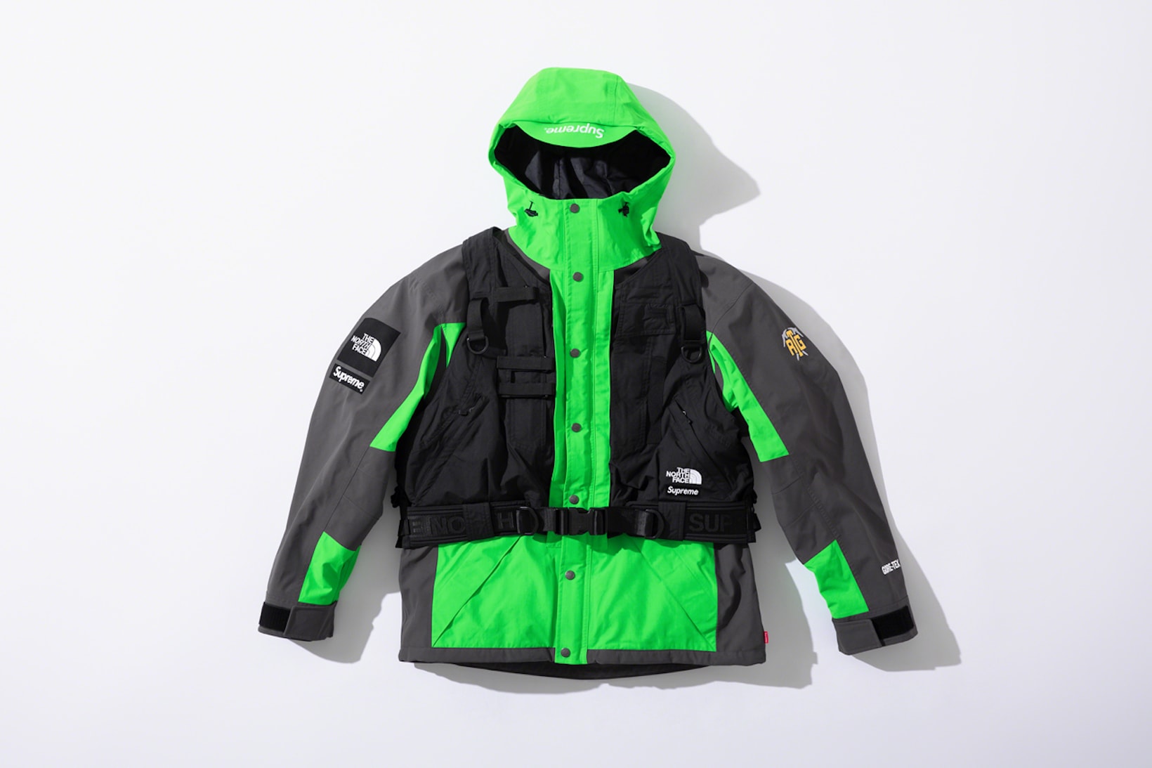 supreme the north face collaboration spring gore tex outerwear rtg jackets bags beanies black red neon green 