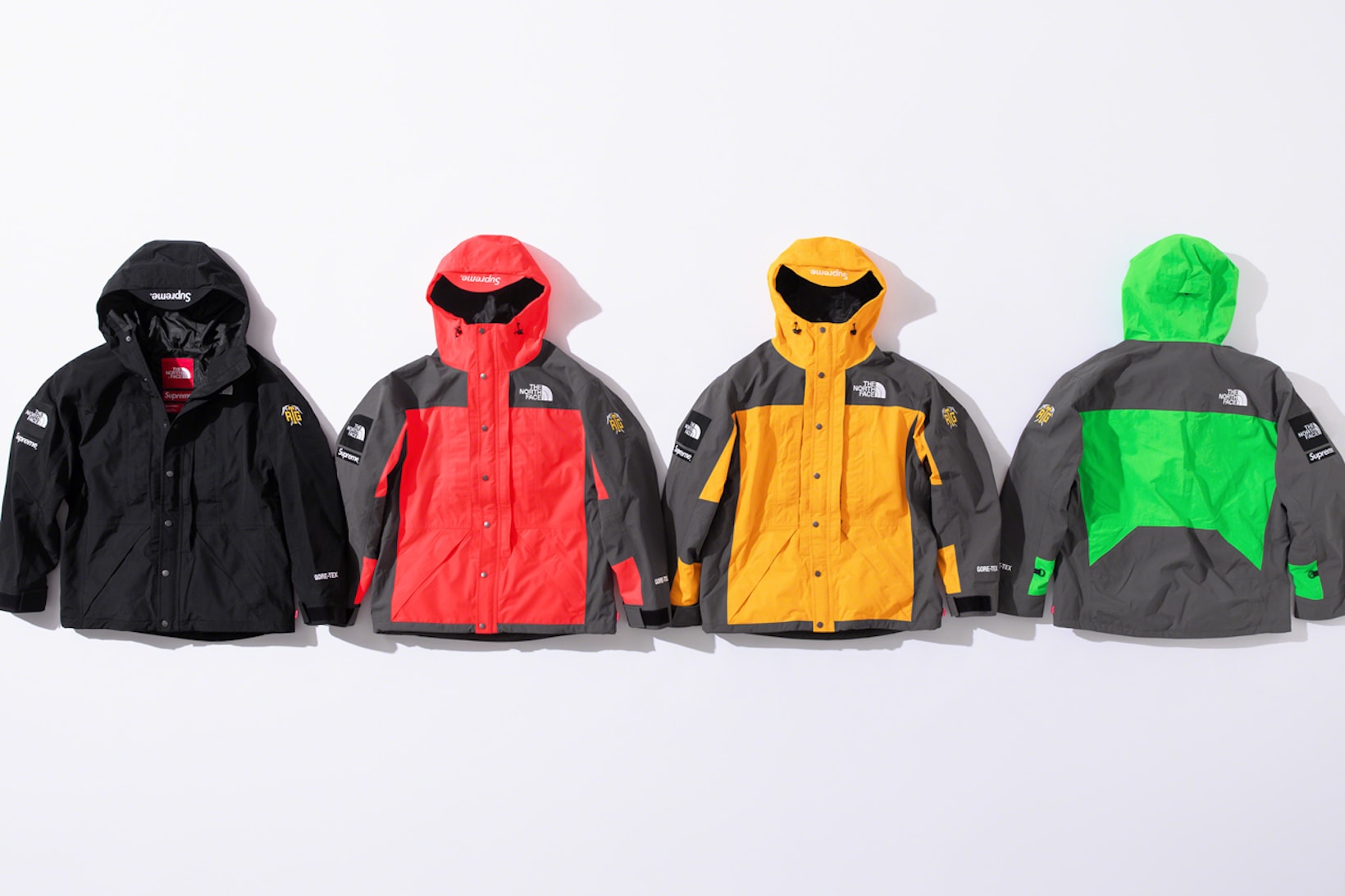 supreme the north face collaboration spring gore tex outerwear rtg jackets bags beanies black red neon green 