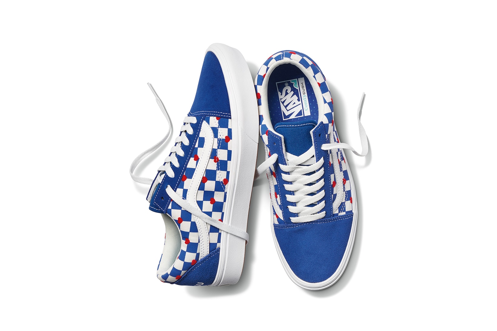 vans comfycush old new skool slip on sneakers autism awareness sensory inclusive charity donation checkered print hearts navy blue white 