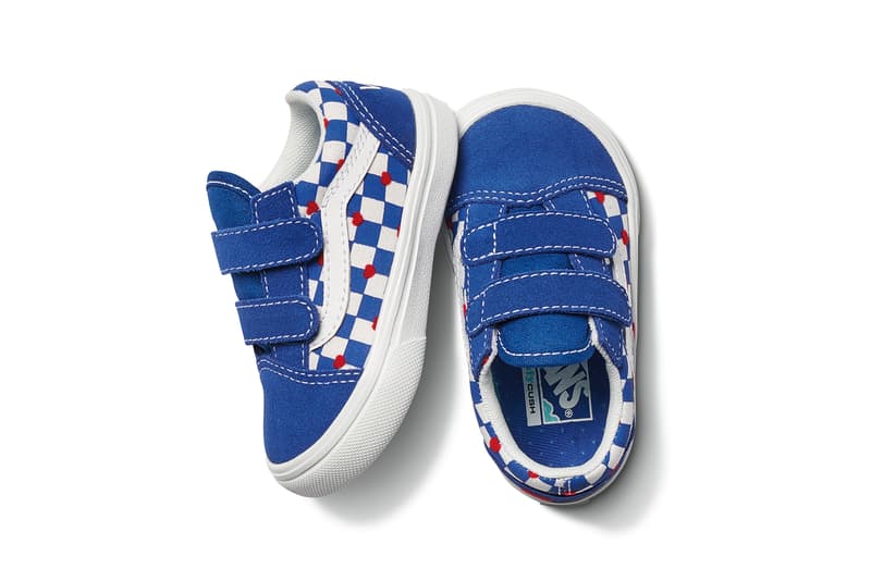 vans comfycush old new skool slip on sneakers autism awareness sensory inclusive charity donation checkered print hearts navy blue white