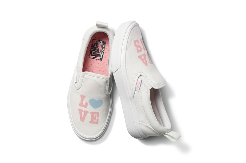 vans comfycush old new skool slip on sneakers autism awareness sensory inclusive charity donation checkered print hearts navy blue white