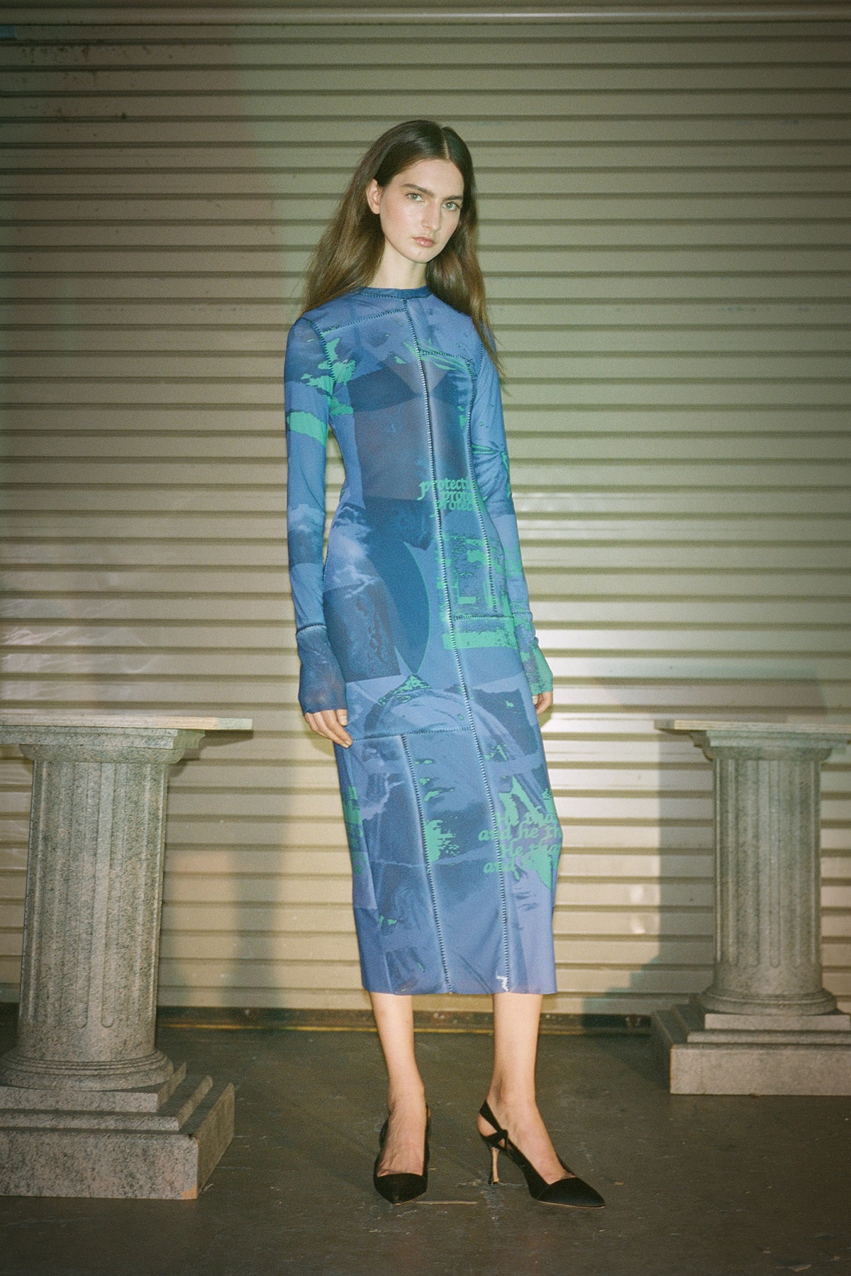 Danielle Guizio Spring/Summer 2020 Collection Lookbook Mesh Maxi Dress Blue