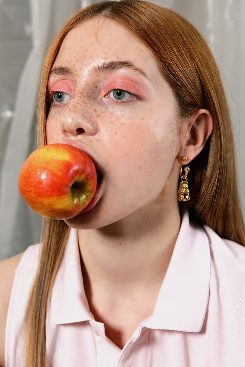 Safsafu Safu Seghatoleslami Gummy Bear Jewelry Brand Gold Earring Campaign Pink Eyeshadow Apple Freckles Model Lookbook