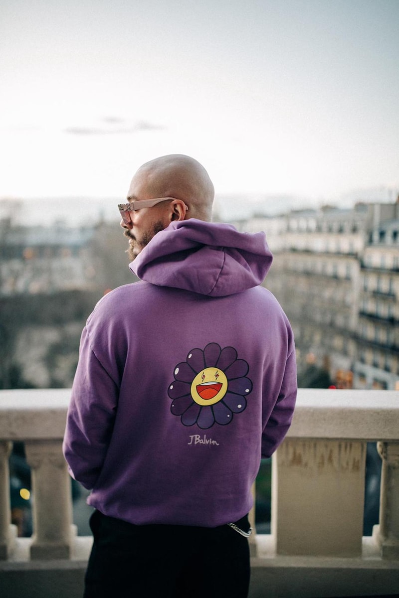 takashi murakami j balvin collaboration hoodies t shirts purple white smiley sunflowers 