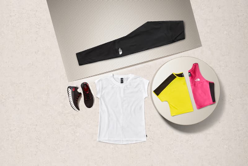 the north face active trail collection jackets shirts leggings sneakers sportswear pink white black blue beige grey