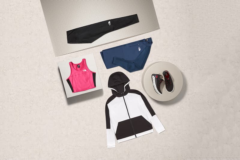 the north face active trail collection jackets shirts leggings sneakers sportswear pink white black blue beige grey
