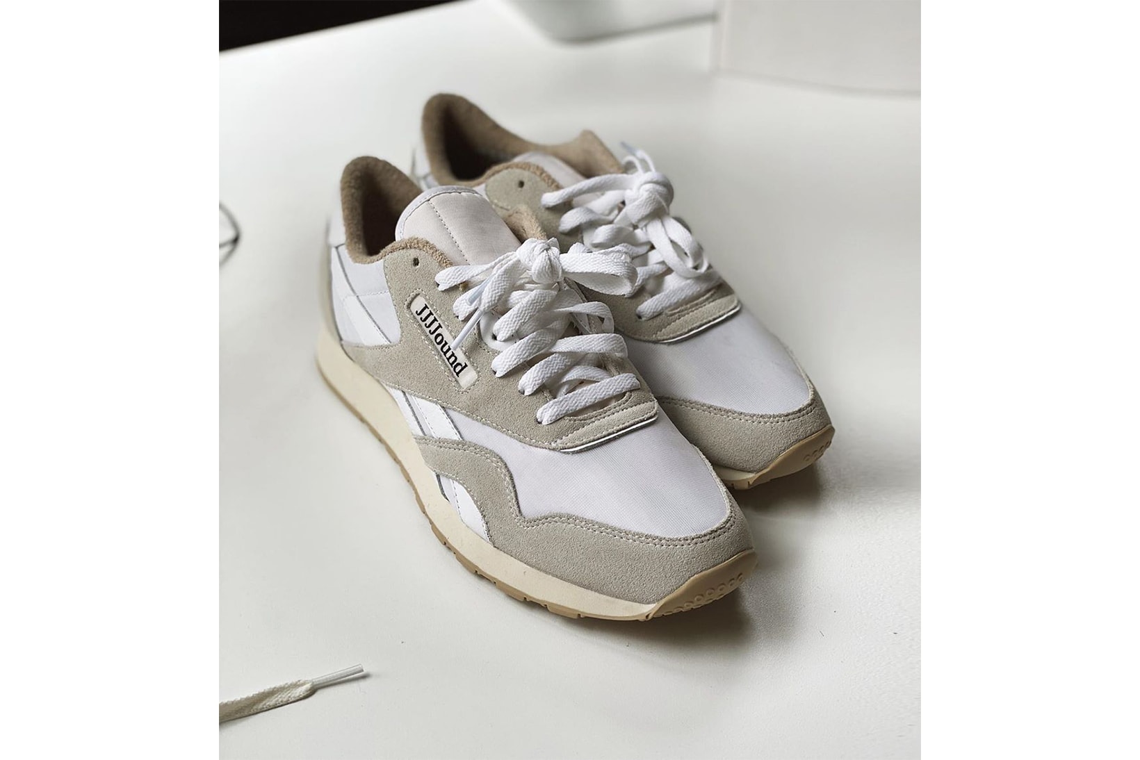 jjjjound reebok collaboration classic nylon sneakers grey white beige colorway shoes footwear sneakerhead