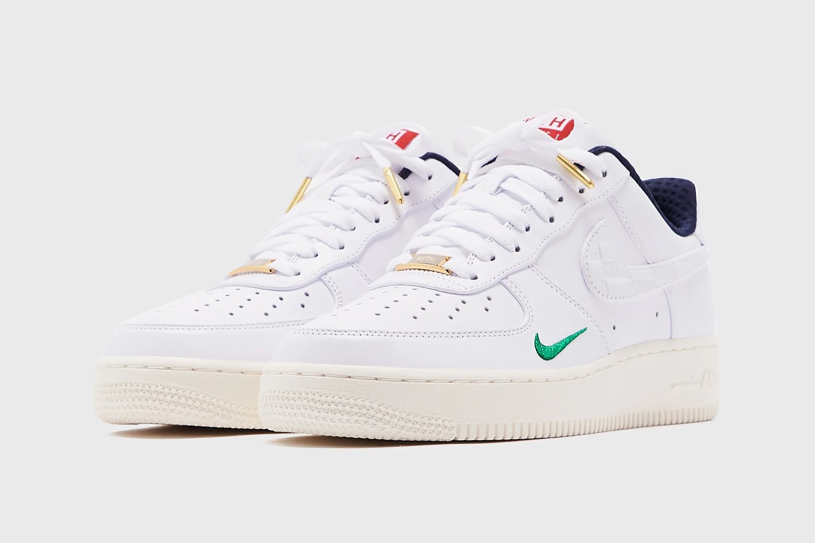 kith nike air force 1 low collaboration sneakers raffle charity ronnie fieg white green red blue sneakerhead shoes footwear