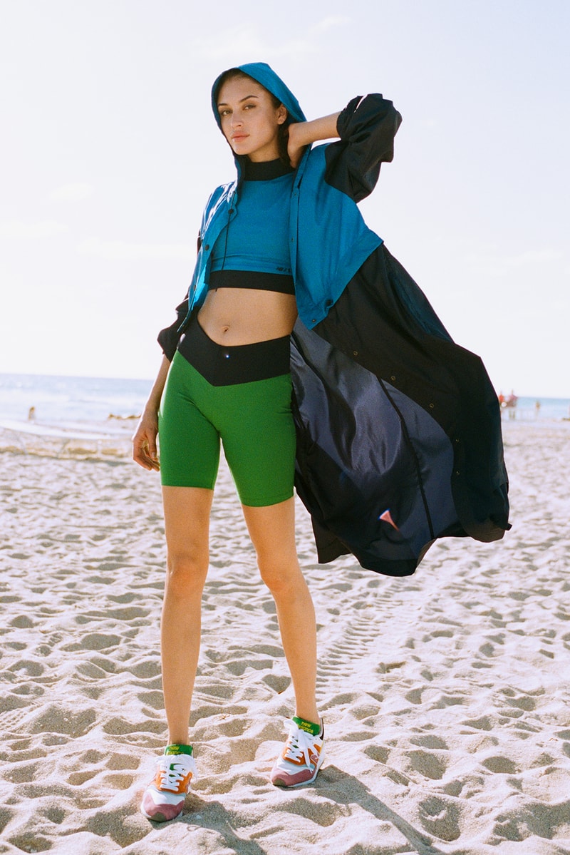 new balance staud collaboration 997 sneakers crop tops leggings shorts activewear bags green blue pink 